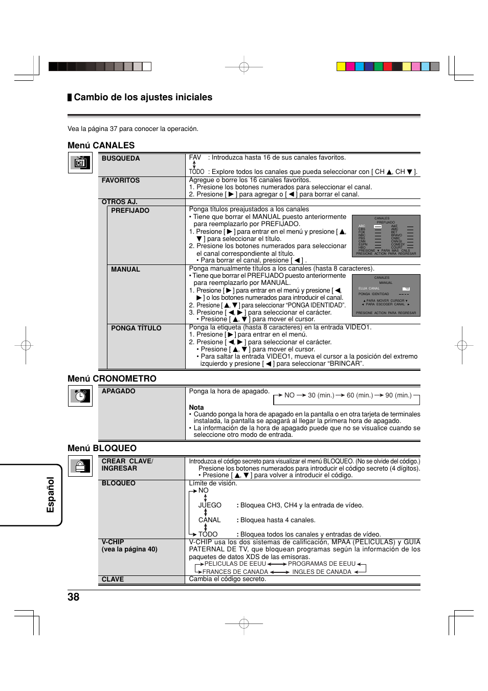 Espa ñ ol cambio de los ajustes iniciales, Menú cronometro, Menú canales | Menú bloqueo | Panasonic TY42TM6MA User Manual | Page 38 / 44