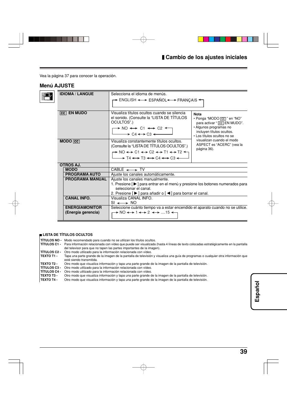 Espa ñ ol cambio de los ajustes iniciales, Menú ajuste | Panasonic TY42TM6MA User Manual | Page 39 / 44