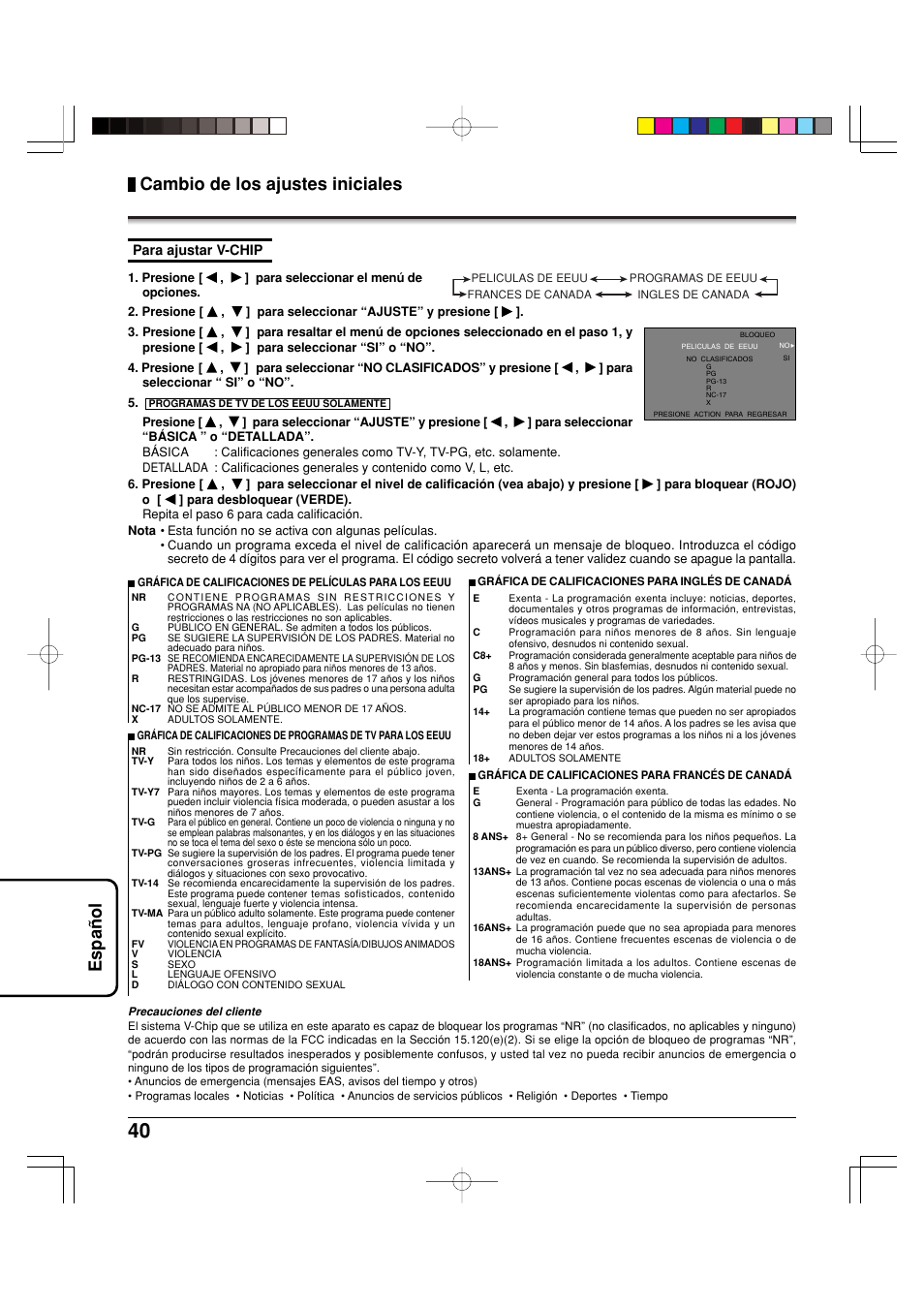 Espa ñ ol cambio de los ajustes iniciales | Panasonic TY42TM6MA User Manual | Page 40 / 44