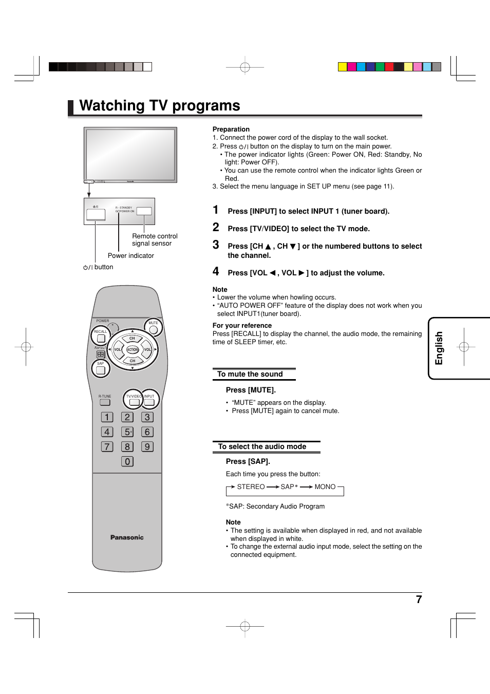 Watching tv programs, English | Panasonic TY42TM6MA User Manual | Page 7 / 44