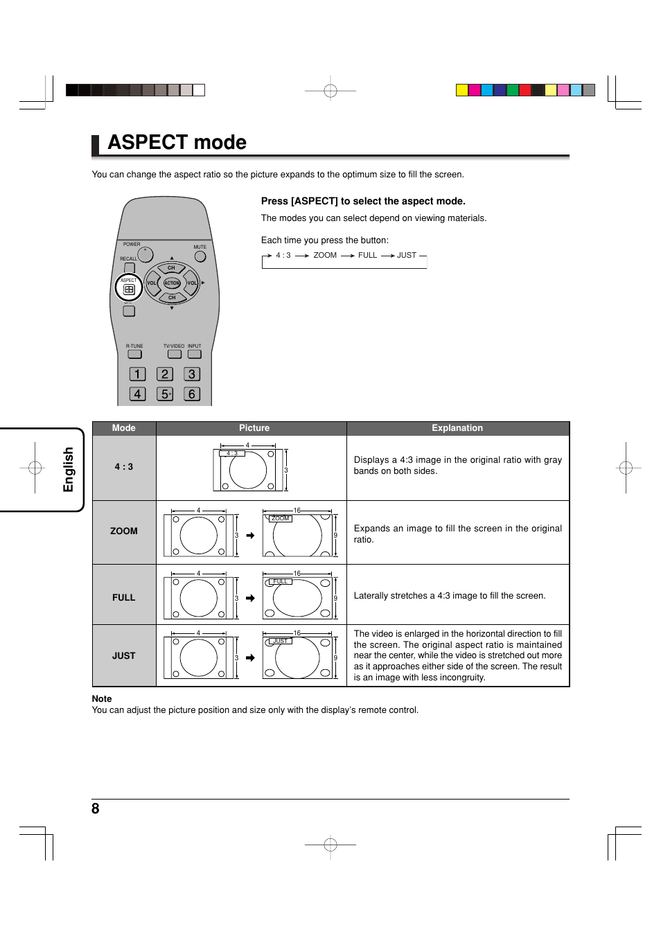 Aspect mode, English | Panasonic TY42TM6MA User Manual | Page 8 / 44
