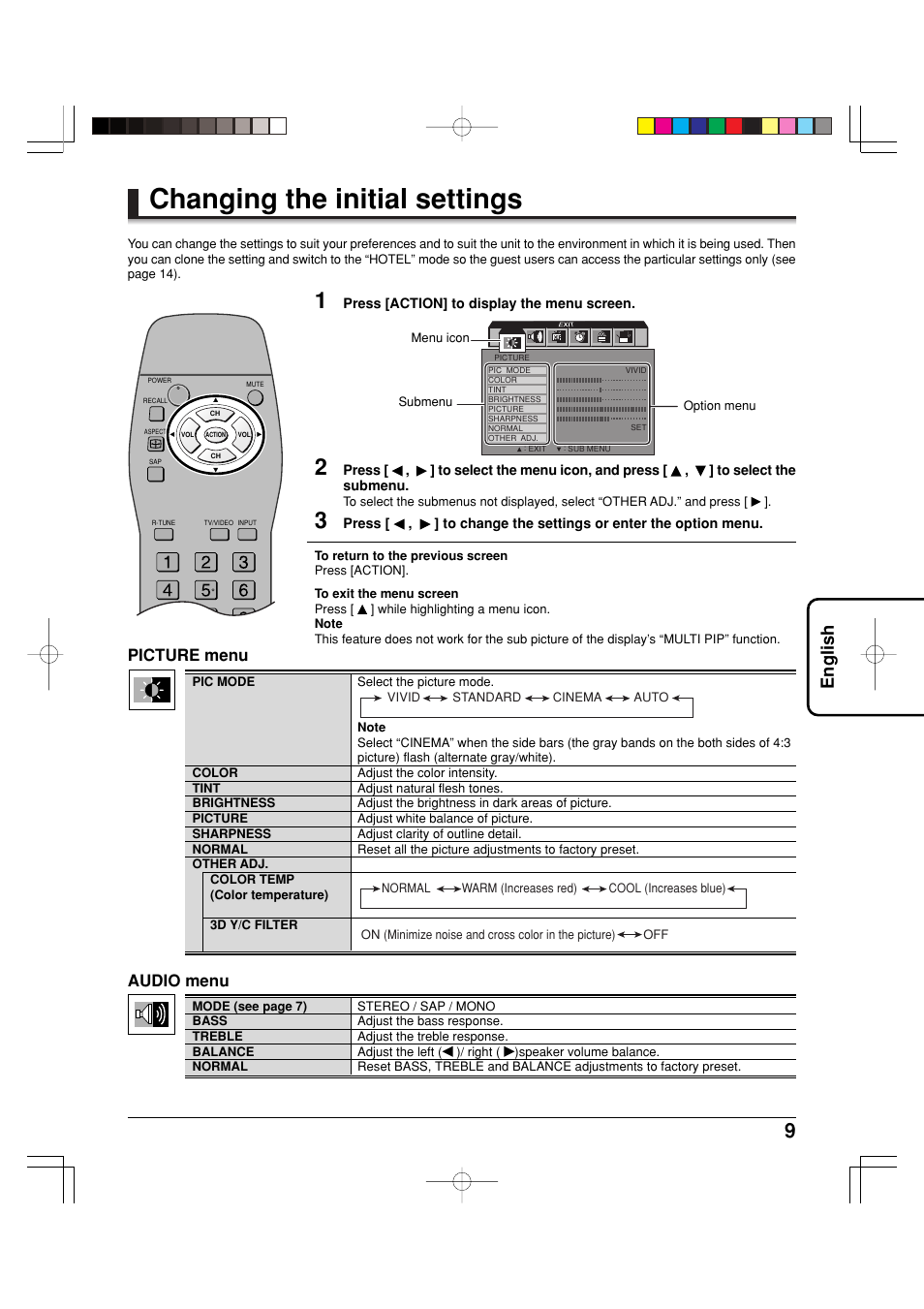 Changing the initial settings, English, Audio menu | Picture menu | Panasonic TY42TM6MA User Manual | Page 9 / 44