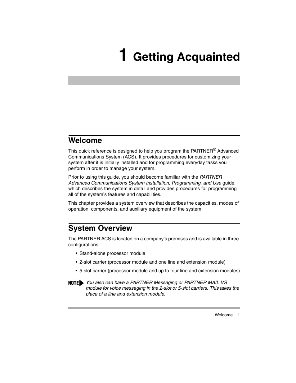 1 getting acquainted, Welcome, System overview | Getting acquainted | Avaya PARTNER-18D User Manual | Page 11 / 106