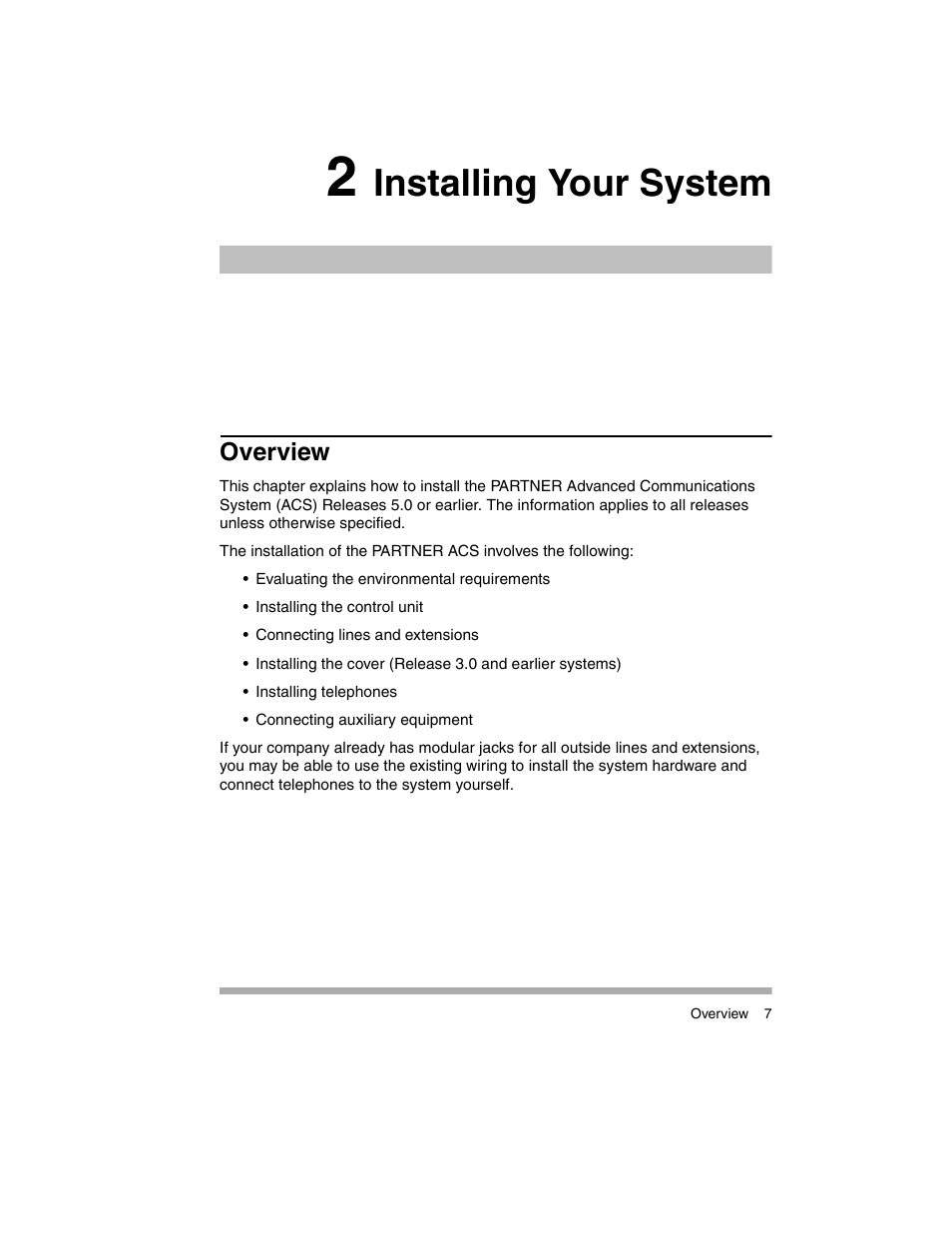 2 installing your system, Overview, Installing your system | Avaya PARTNER-18D User Manual | Page 17 / 106