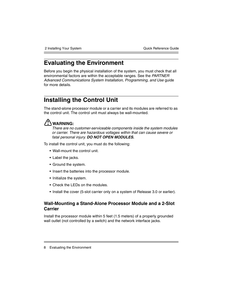 Evaluating the environment, Installing the control unit | Avaya PARTNER-18D User Manual | Page 18 / 106