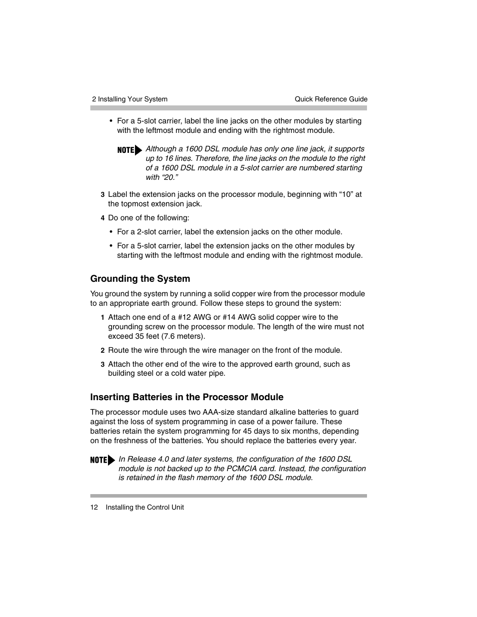 Grounding the system, Inserting batteries in the processor module | Avaya PARTNER-18D User Manual | Page 22 / 106