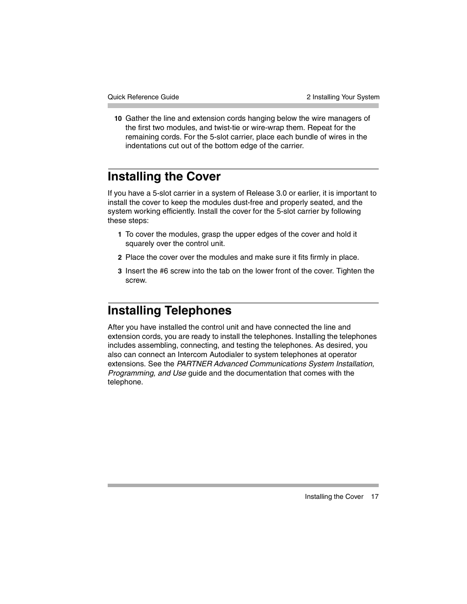 Installing the cover, Installing telephones | Avaya PARTNER-18D User Manual | Page 27 / 106