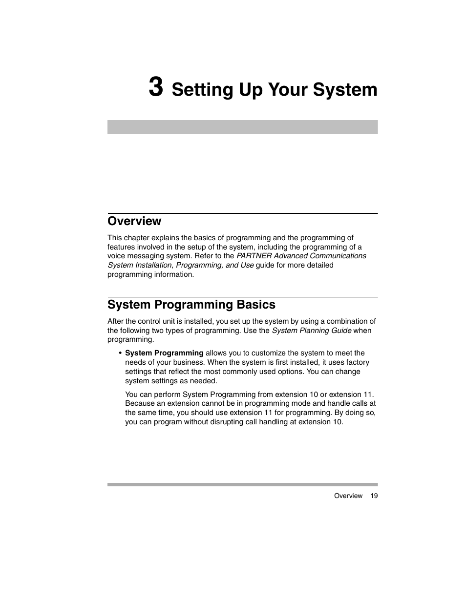 3 setting up your system, Overview, System programming basics | Setting up your system | Avaya PARTNER-18D User Manual | Page 29 / 106