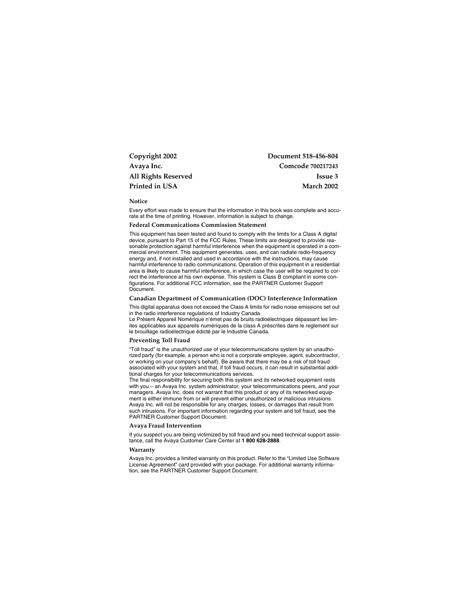 Copyright 2002 | Avaya PARTNER-18D User Manual | Page 3 / 106