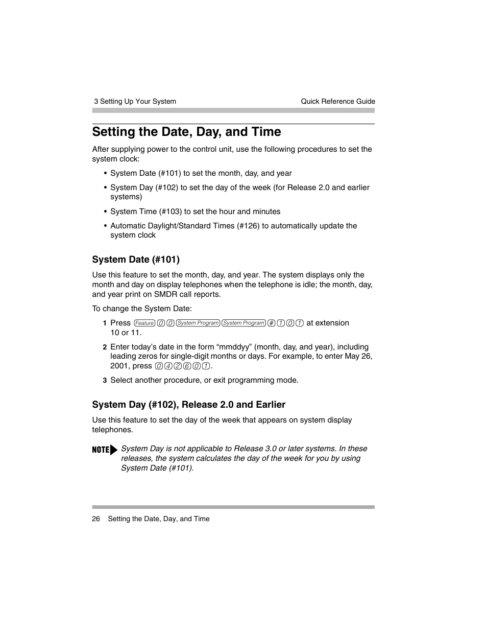 Setting the date, day, and time, System date (#101), System day (#102), release 2.0 and earlier | Avaya PARTNER-18D User Manual | Page 36 / 106