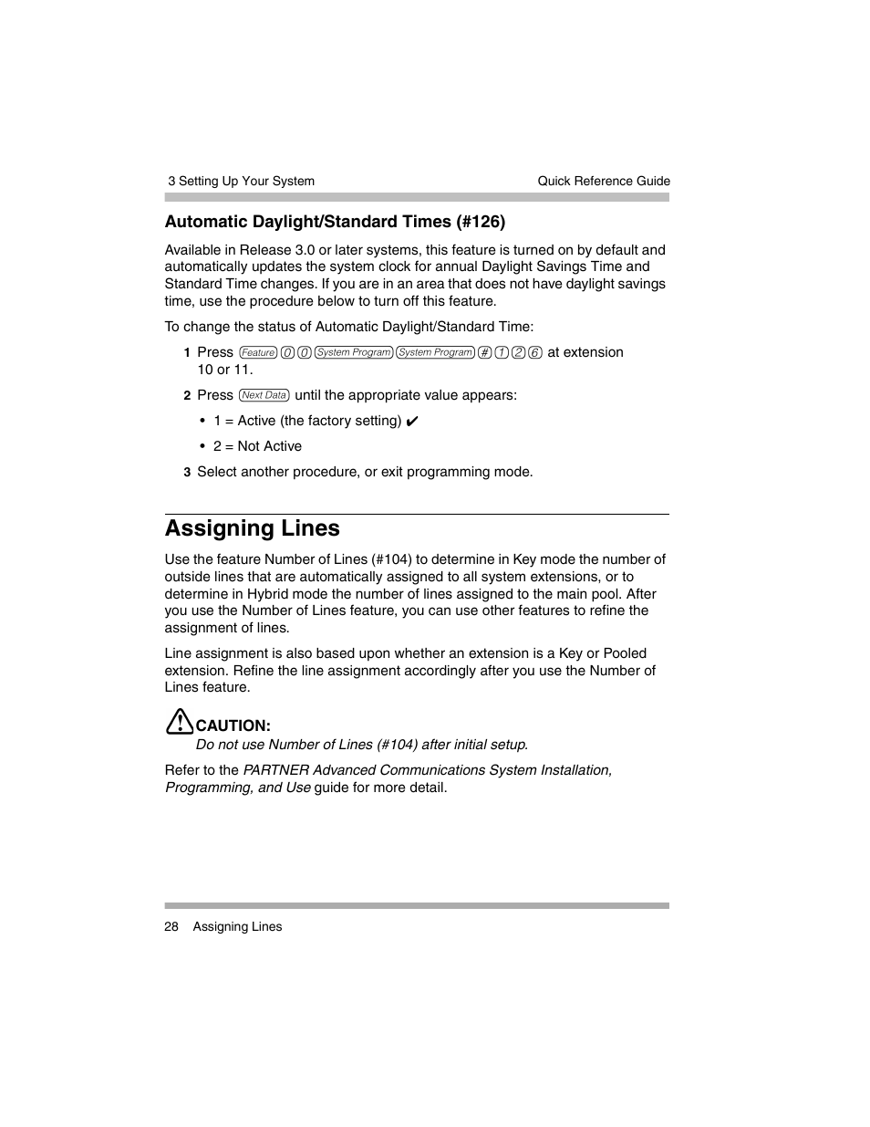 Automatic daylight/standard times (#126), Assigning lines | Avaya PARTNER-18D User Manual | Page 38 / 106