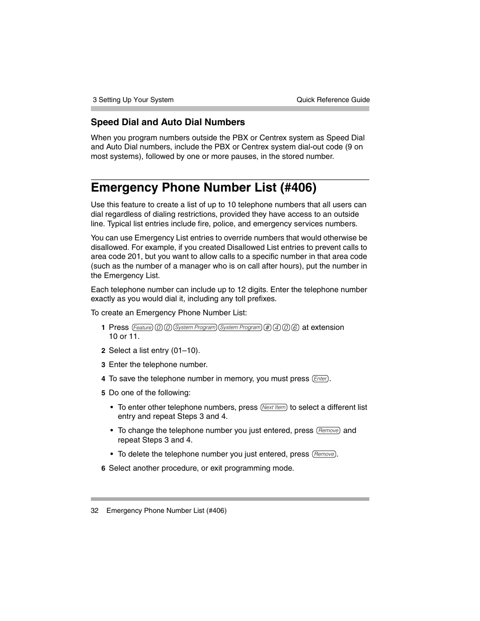 Speed dial and auto dial numbers, Emergency phone number list (#406) | Avaya PARTNER-18D User Manual | Page 42 / 106