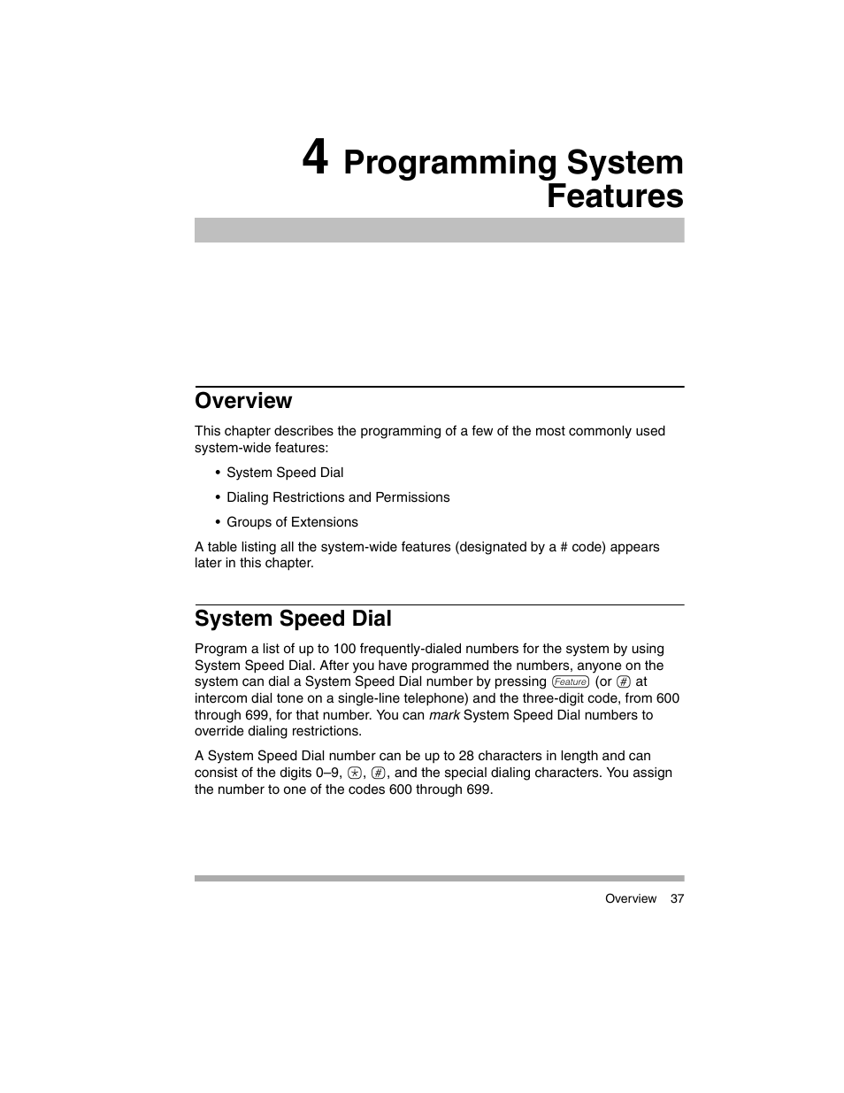 4 programming system features, Overview, System speed dial | Programming system features | Avaya PARTNER-18D User Manual | Page 47 / 106