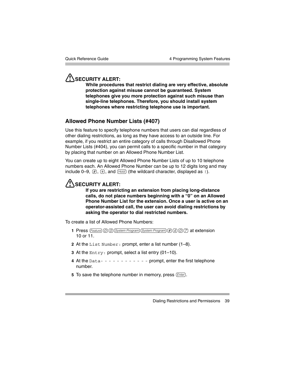 Allowed phone number lists (#407) | Avaya PARTNER-18D User Manual | Page 49 / 106