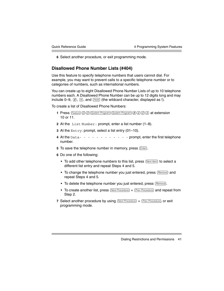 Disallowed phone number lists (#404) | Avaya PARTNER-18D User Manual | Page 51 / 106