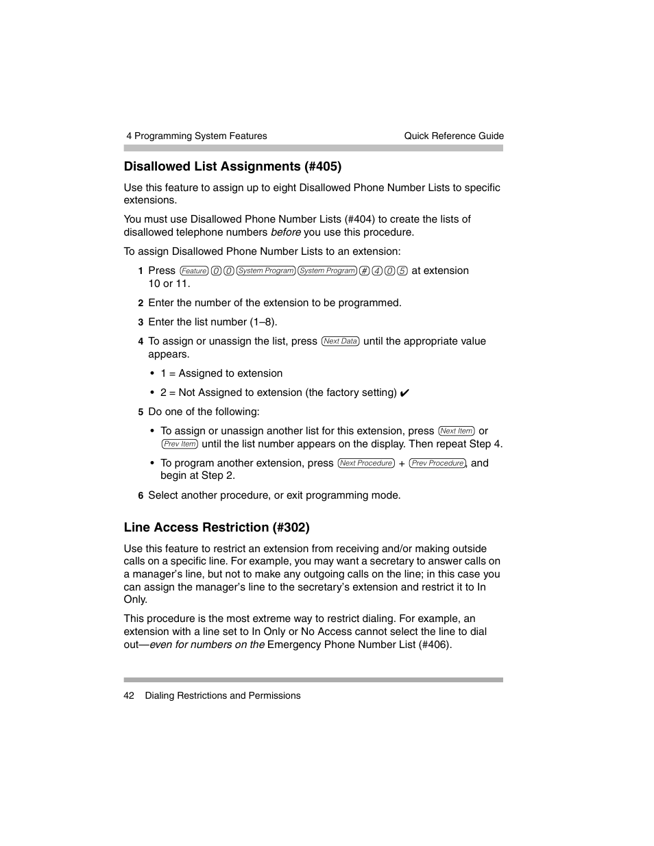 Disallowed list assignments (#405), Line access restriction (#302) | Avaya PARTNER-18D User Manual | Page 52 / 106