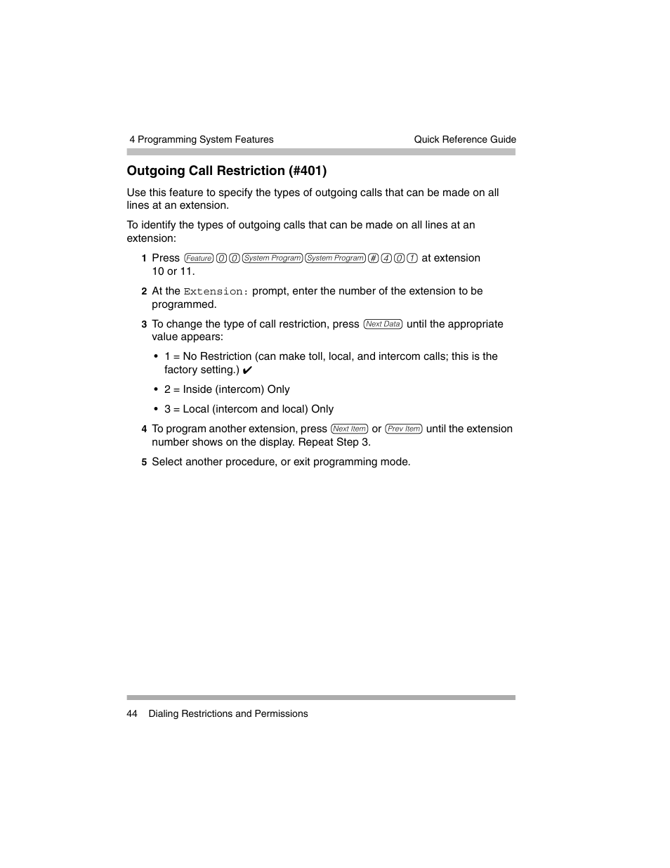 Outgoing call restriction (#401) | Avaya PARTNER-18D User Manual | Page 54 / 106