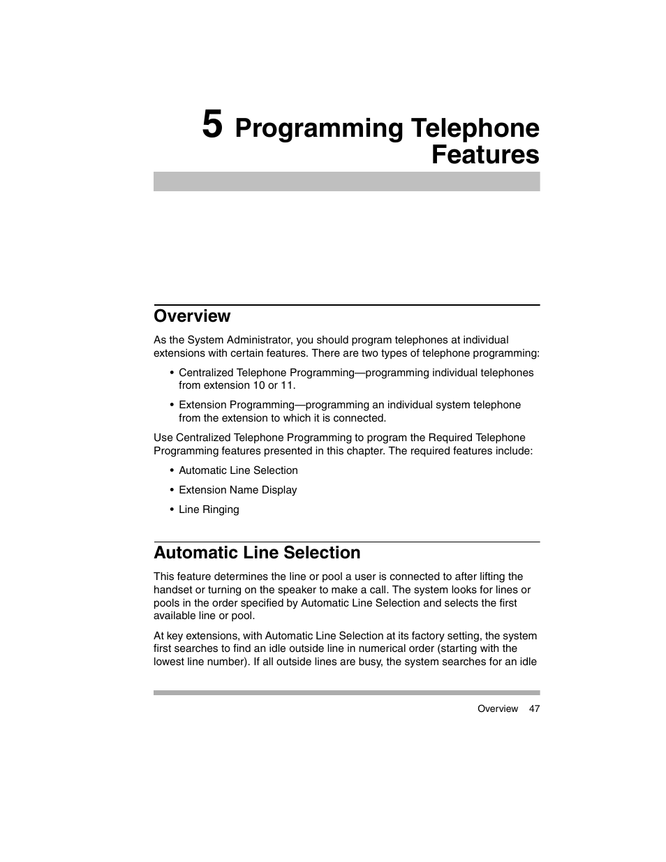 5 programming telephone features, Overview, Automatic line selection | Programming telephone features | Avaya PARTNER-18D User Manual | Page 57 / 106