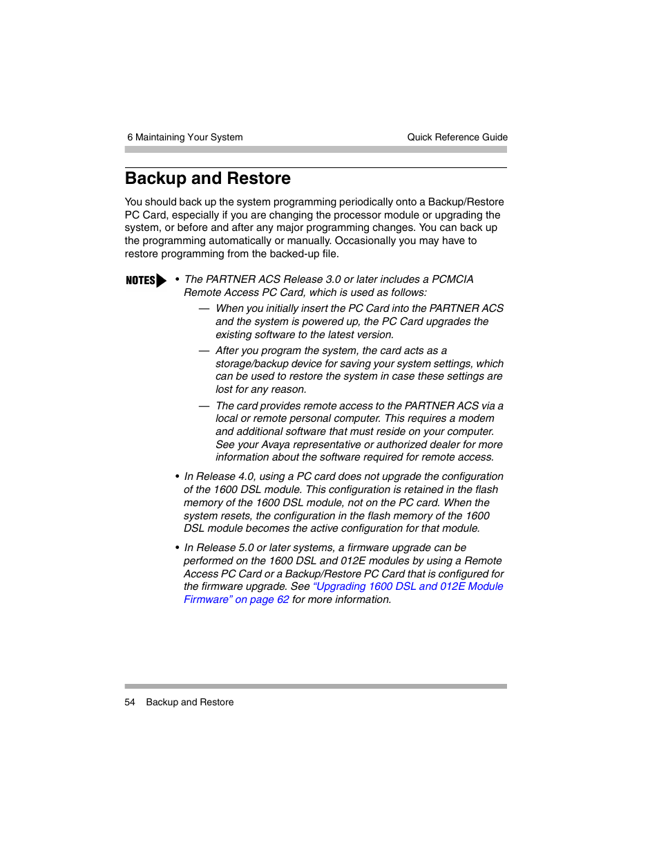 Backup and restore | Avaya PARTNER-18D User Manual | Page 64 / 106