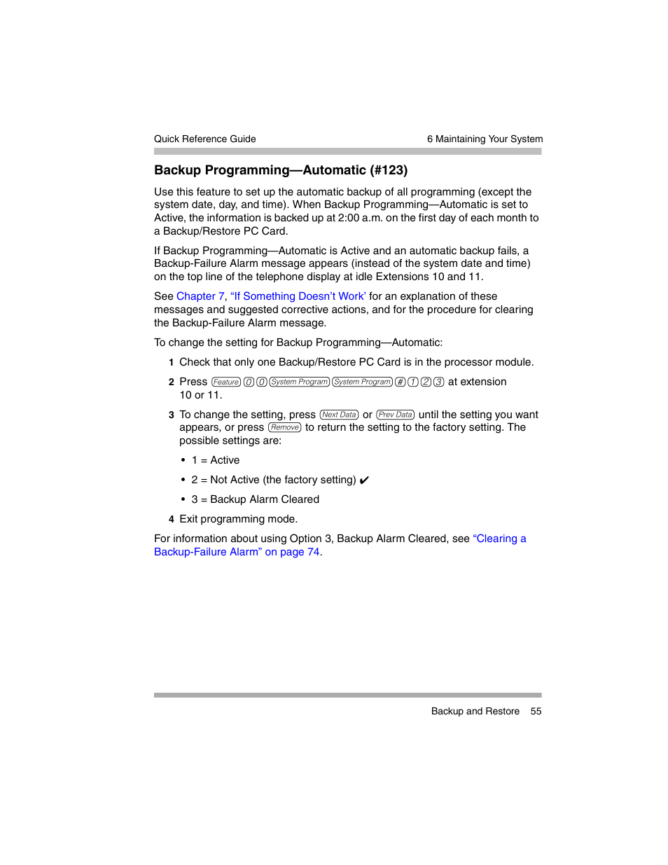 Backup programming—automatic (#123) | Avaya PARTNER-18D User Manual | Page 65 / 106