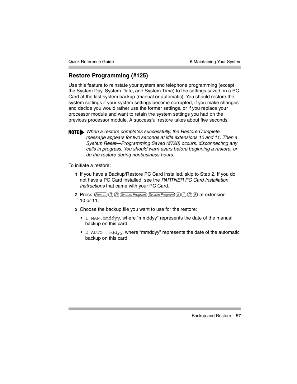 Restore programming (#125) | Avaya PARTNER-18D User Manual | Page 67 / 106