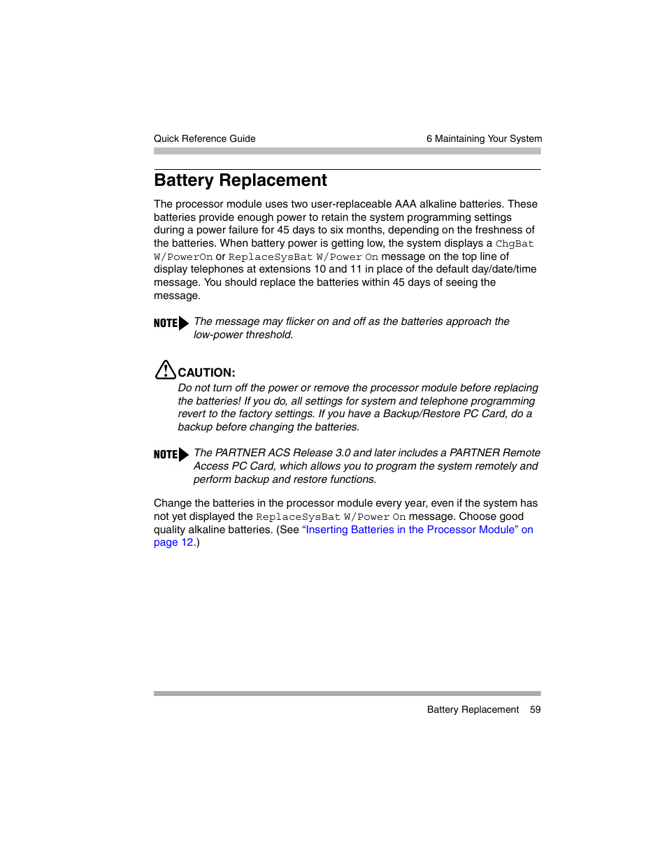 Battery replacement | Avaya PARTNER-18D User Manual | Page 69 / 106