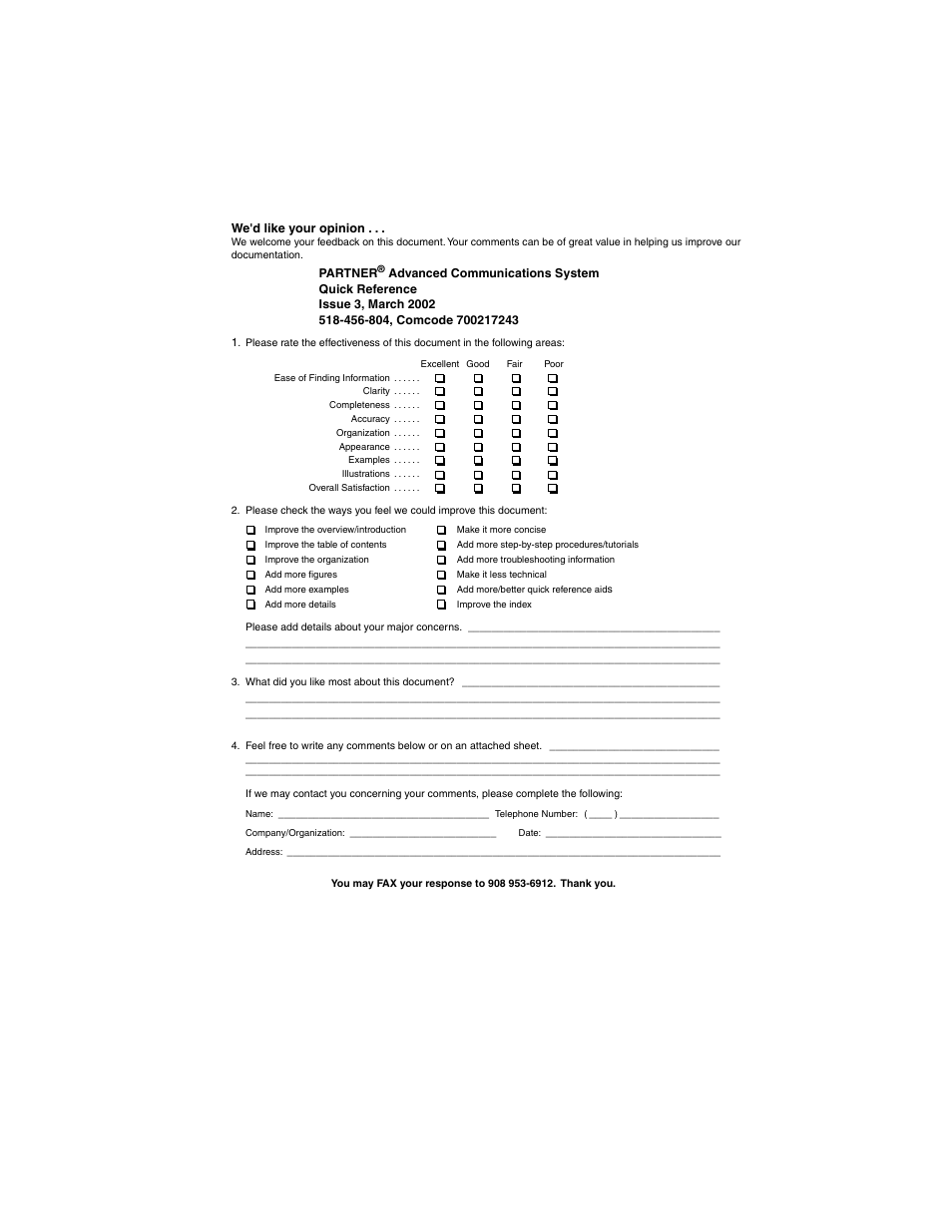 Feedback form | Avaya PARTNER-18D User Manual | Page 7 / 106