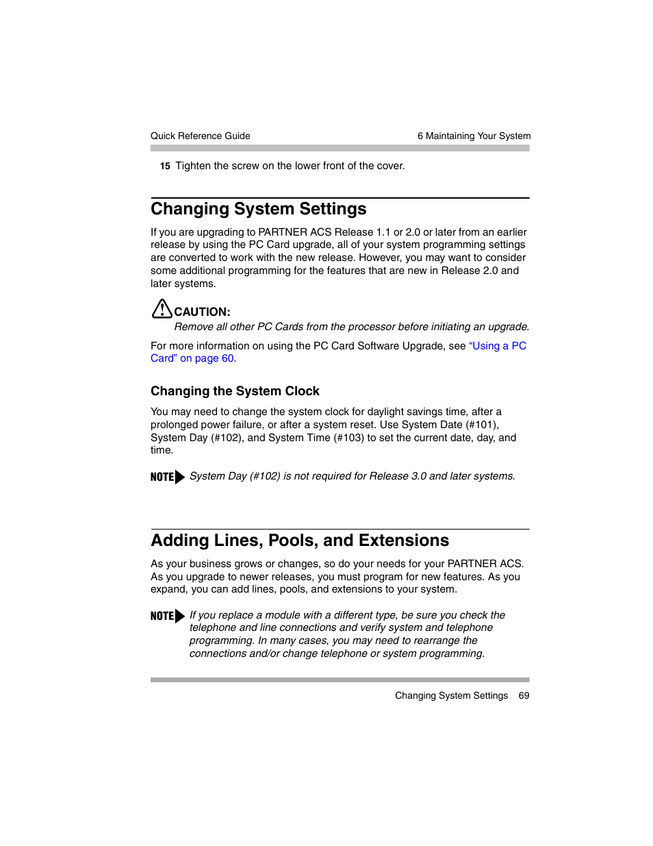 Changing system settings, Changing the system clock, Adding lines, pools, and extensions | Avaya PARTNER-18D User Manual | Page 79 / 106