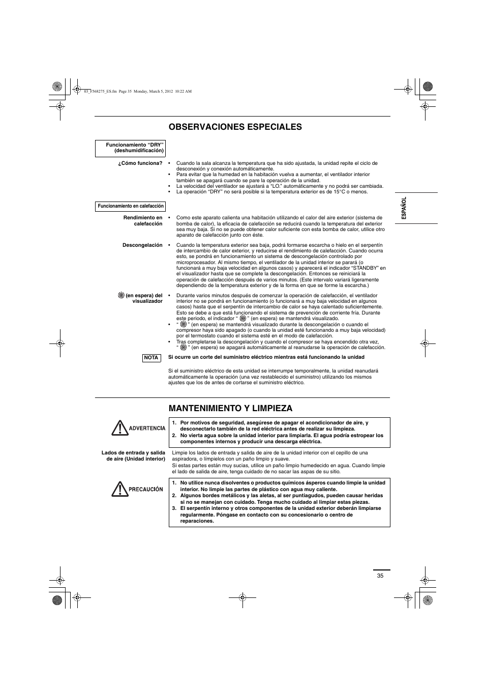 Observaciones especiales mantenimiento y limpieza | Panasonic S60MU1E51 User Manual | Page 11 / 25