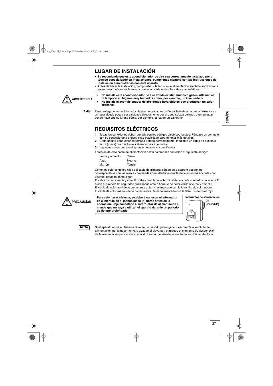 Lugar de instalación, Requisitos eléctricos | Panasonic S60MU1E51 User Manual | Page 3 / 25