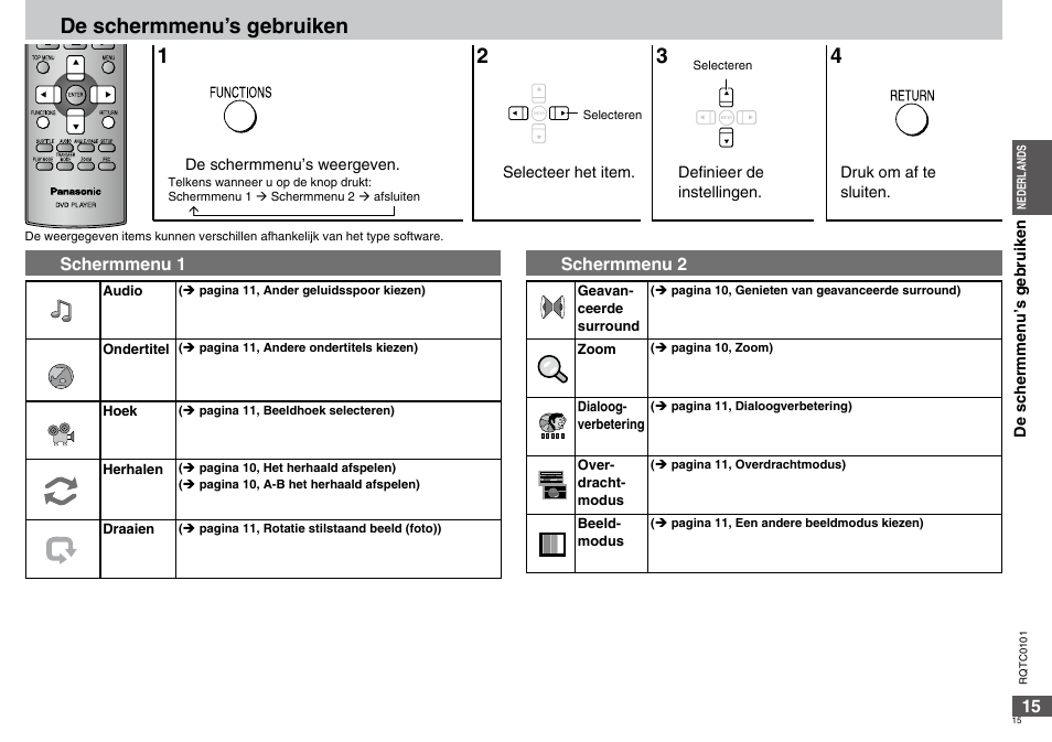 De schermmenu’s gebruiken | Panasonic DVDS325 User Manual | Page 15 / 76
