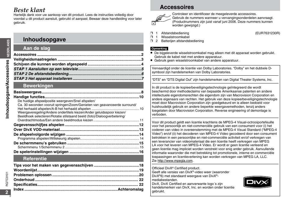 Beste klant, Accessoires, Inhoudsopgave | Aan de slag, Bewerkingen, Referentie | Panasonic DVDS325 User Manual | Page 2 / 76
