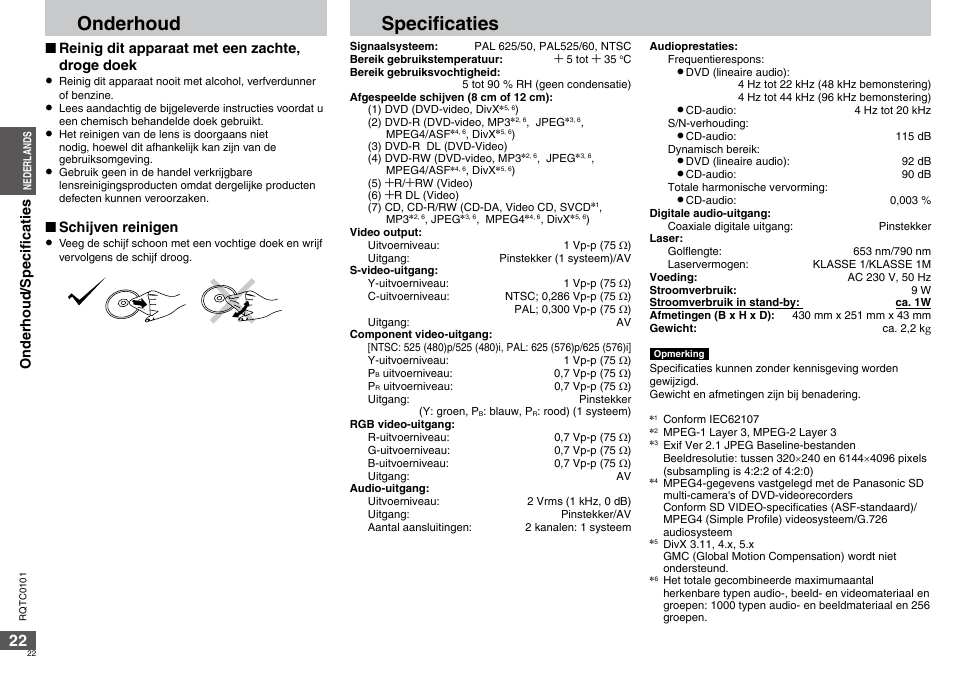 Onderhoud, Specificaties, Reinig dit apparaat met een zachte, droge doek | Schijven reinigen, Onderhoud/specificaties | Panasonic DVDS325 User Manual | Page 22 / 76