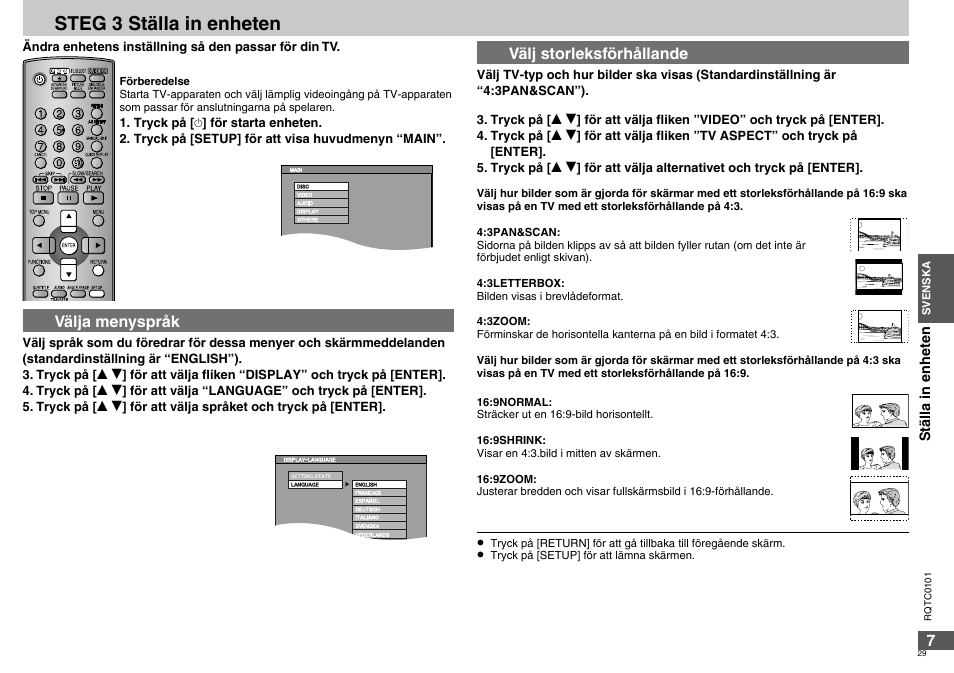Steg 3 ställa in enheten, Välja menyspråk, Välj storleksförhållande | Panasonic DVDS325 User Manual | Page 29 / 76