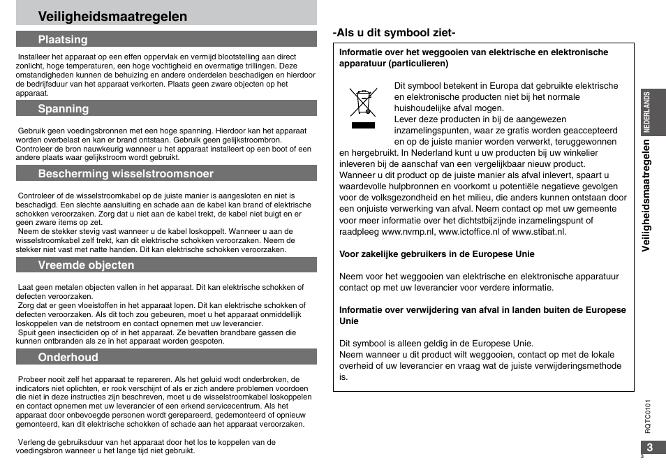 Veiligheidsmaatregelen, Plaatsing, Spanning | Bescherming wisselstroomsnoer, Vreemde objecten, Onderhoud, Als u dit symbool ziet | Panasonic DVDS325 User Manual | Page 3 / 76