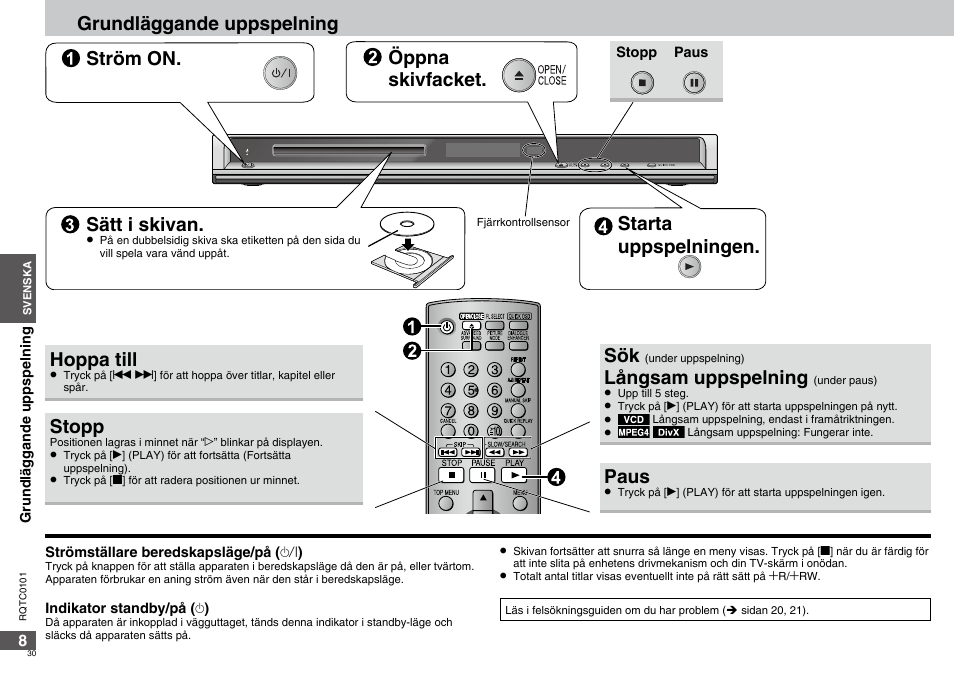 Starta uppspelningen, Hoppa till, Stopp | Långsam uppspelning, Paus | Panasonic DVDS325 User Manual | Page 30 / 76