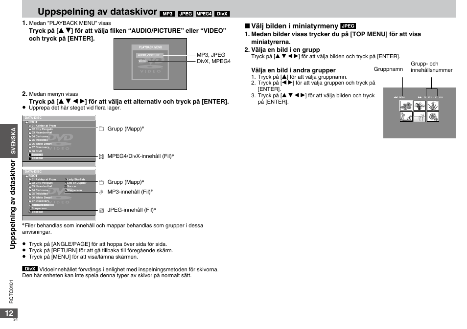 Uppspelning av dataskivor, Välj bilden i miniatyrmeny | Panasonic DVDS325 User Manual | Page 34 / 76