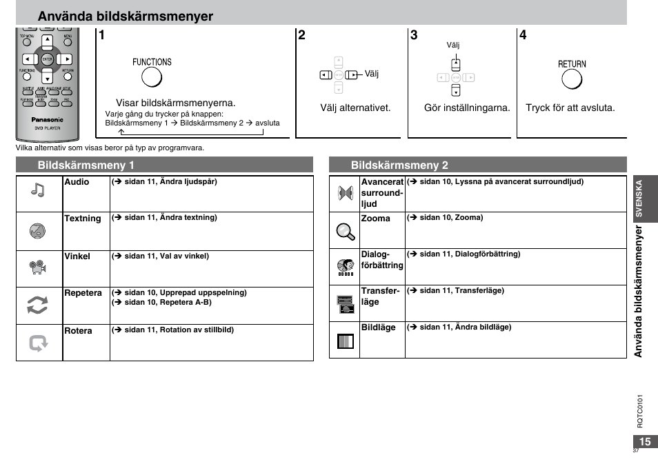 Använda bildskärmsmenyer | Panasonic DVDS325 User Manual | Page 37 / 76