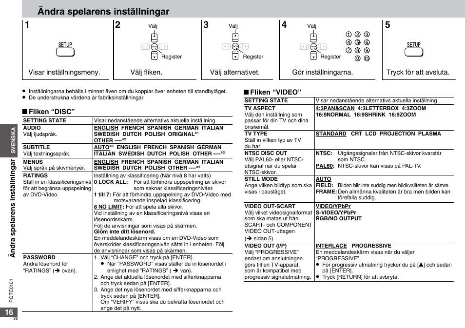 Ändra spelarens inställningar 1 | Panasonic DVDS325 User Manual | Page 38 / 76