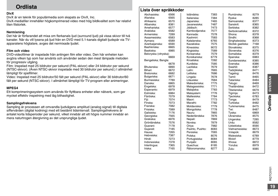 Ordlista, Lista över språkkoder ordlista | Panasonic DVDS325 User Manual | Page 41 / 76