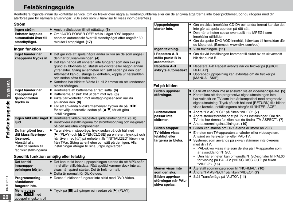 Felsökningsguide | Panasonic DVDS325 User Manual | Page 42 / 76