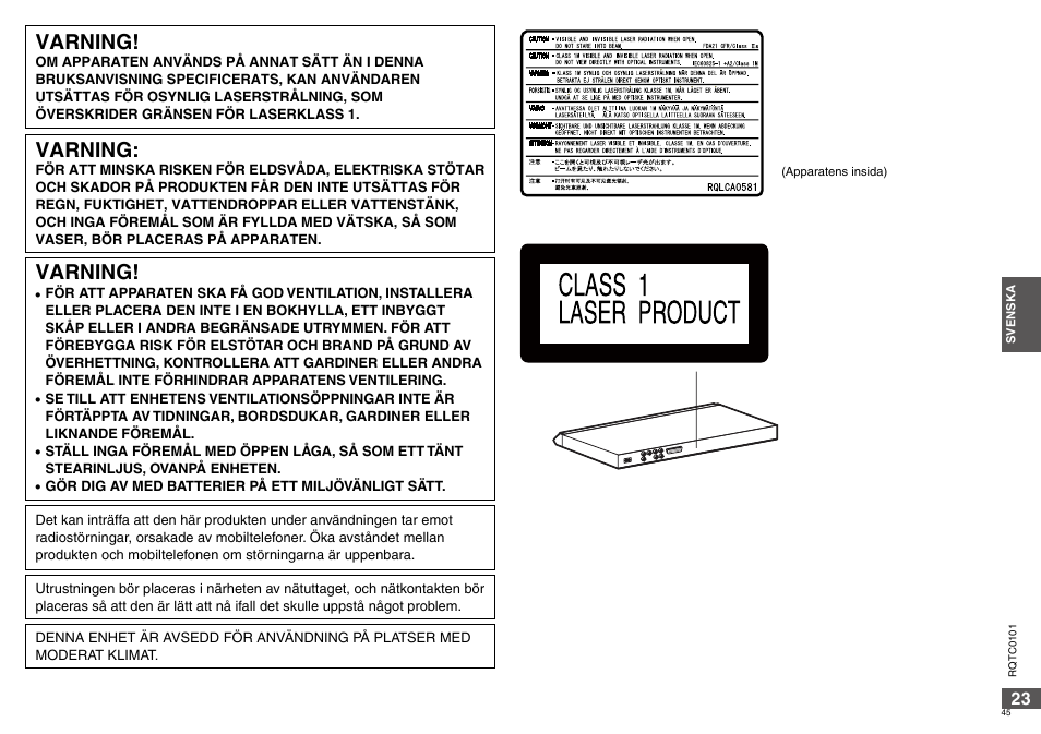 Varning | Panasonic DVDS325 User Manual | Page 45 / 76