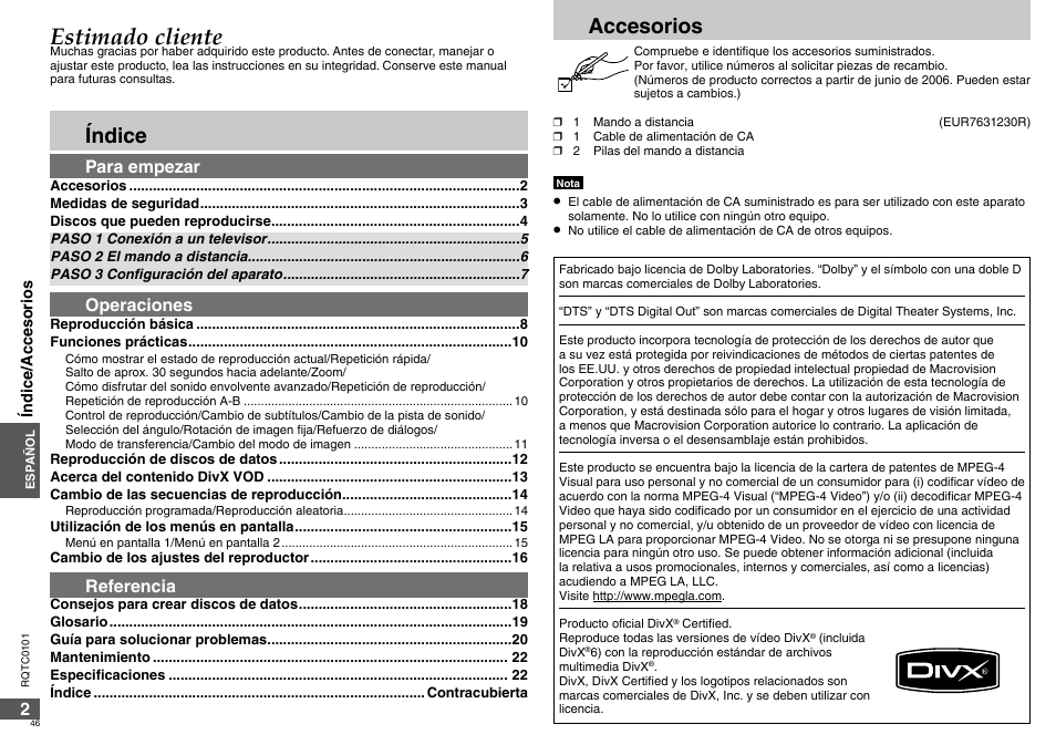 Estimado cliente, Accesorios, Índice | Para empezar, Operaciones, Referencia | Panasonic DVDS325 User Manual | Page 46 / 76