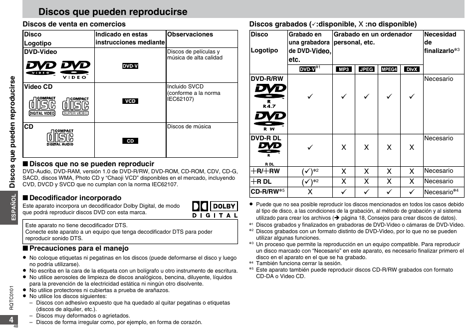 Discos que pueden reproducirse | Panasonic DVDS325 User Manual | Page 48 / 76