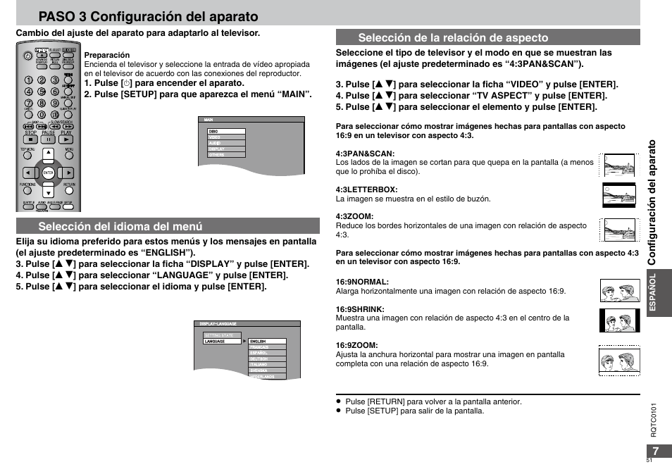 Paso 3 configuración del aparato, Selección del idioma del menú, Selección de la relación de aspecto | Panasonic DVDS325 User Manual | Page 51 / 76