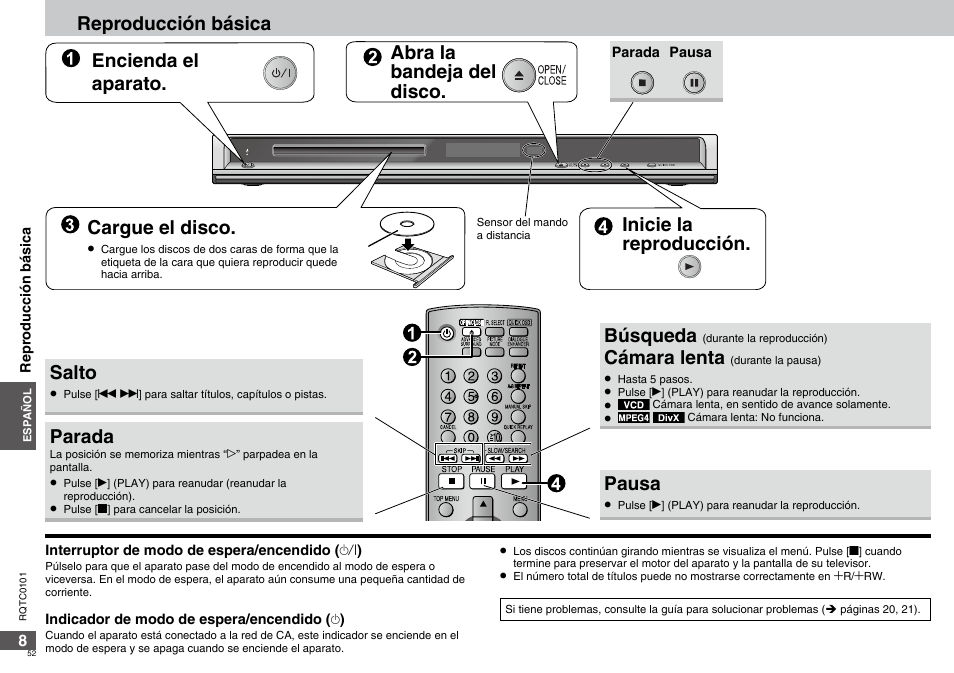 Inicie la reproducción, Salto, Parada | Búsqueda, Cámara lenta, Pausa | Panasonic DVDS325 User Manual | Page 52 / 76