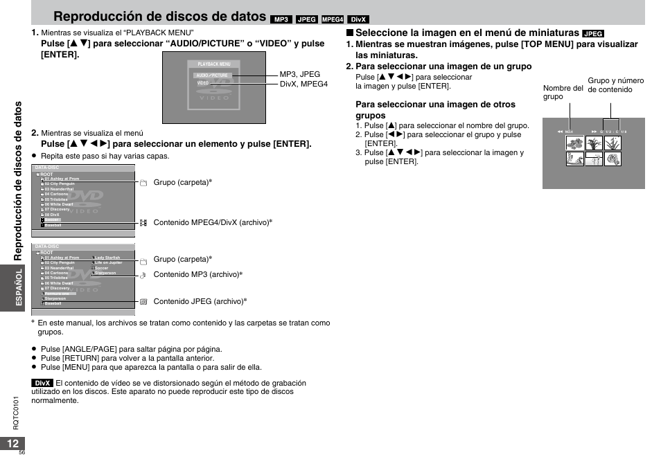 Reproducción de discos de datos, Seleccione la imagen en el menú de miniaturas | Panasonic DVDS325 User Manual | Page 56 / 76