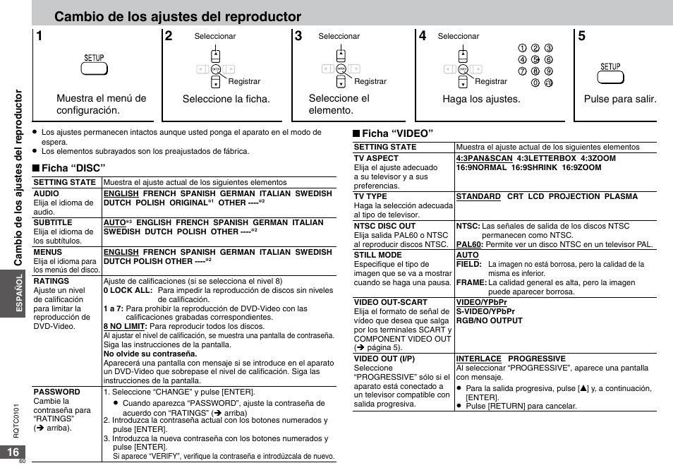 Cambio de los ajustes del reproductor 1 | Panasonic DVDS325 User Manual | Page 60 / 76