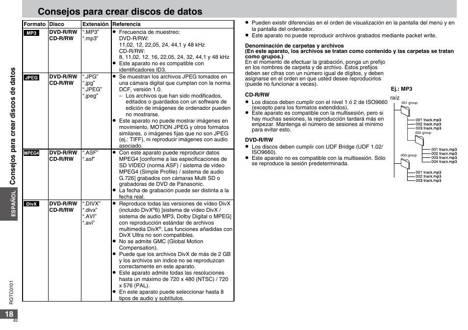 Consejos para crear discos de datos | Panasonic DVDS325 User Manual | Page 62 / 76
