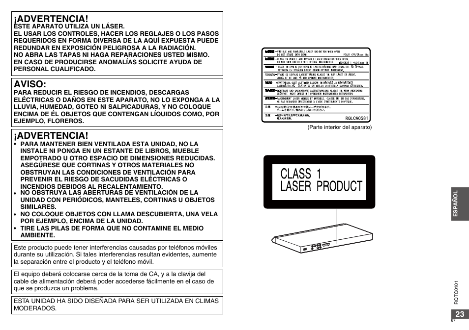 Advertencia, Aviso | Panasonic DVDS325 User Manual | Page 67 / 76